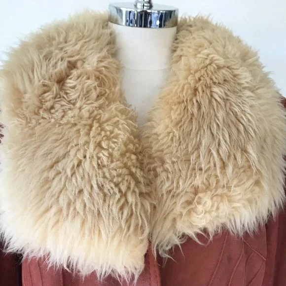 VTG Suede Leather Orange Fur Sherpa Belted Penny Lane jacket - Picture 3 of 13